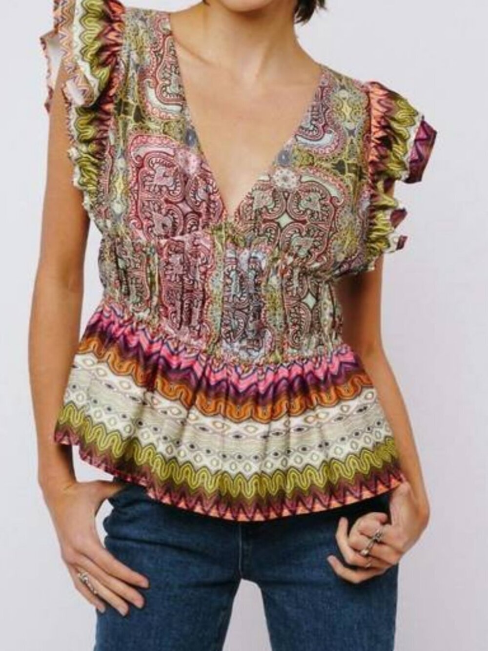 🌻NEW w/tag CIEBON Joulie Satin Flutter Top Multi Shirred Waist Blouse Size XS
